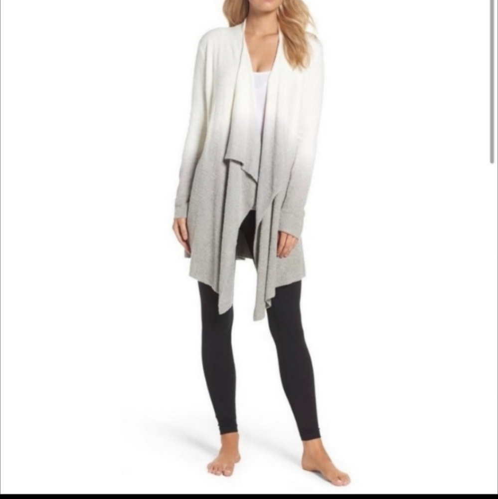 Barefoot Dreams Ombre White Gray CozyChic Lite Drape Front Calypso Wrap Cardigan